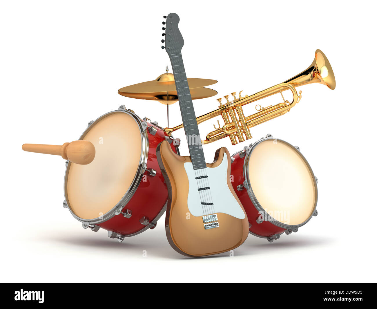 Instruments de musique. Guitare, batterie et trompette. 3d Banque D'Images