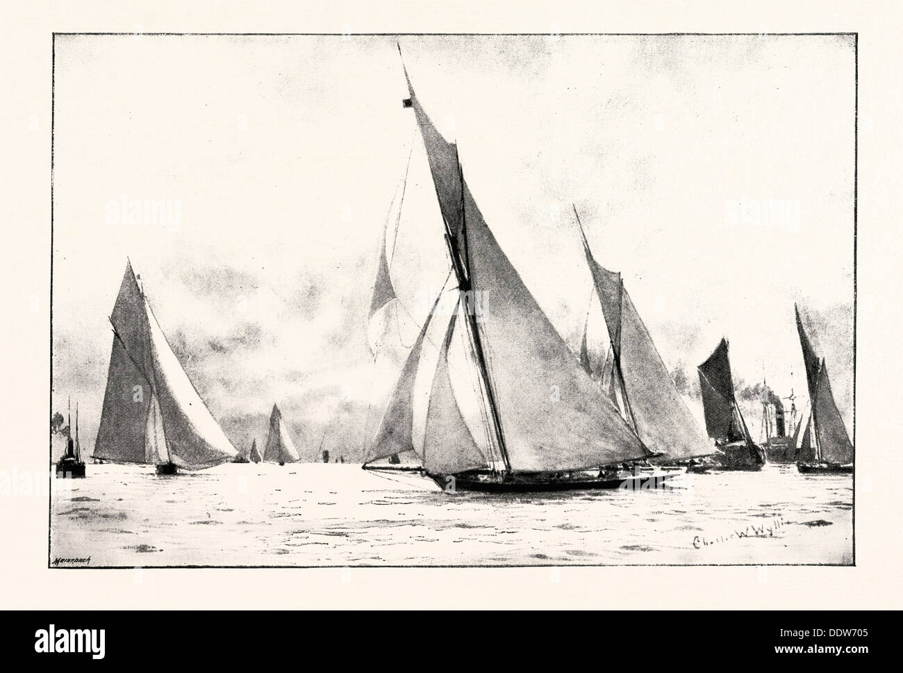 La première course DU ROYAL THAMES YACHT CLUB : L'IVERNA, METEOR ET Maid Marian, gravure 1892 ACCUEIL FONCTIONNEMENT Banque D'Images