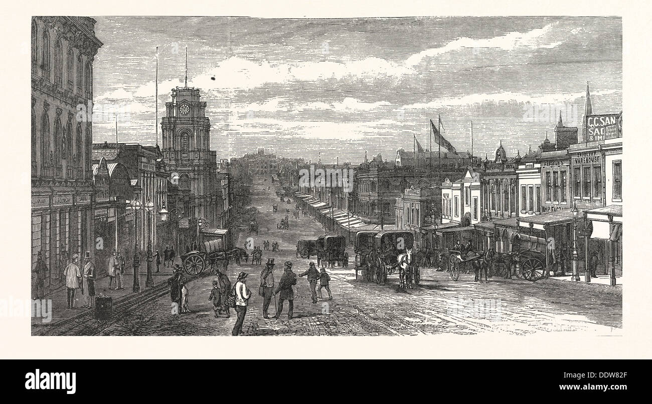 MELBOURNE L'HEURE ACTUELLE VOIR GRAND Bourke Street, l'Australie, GRAVURE 1880 Banque D'Images