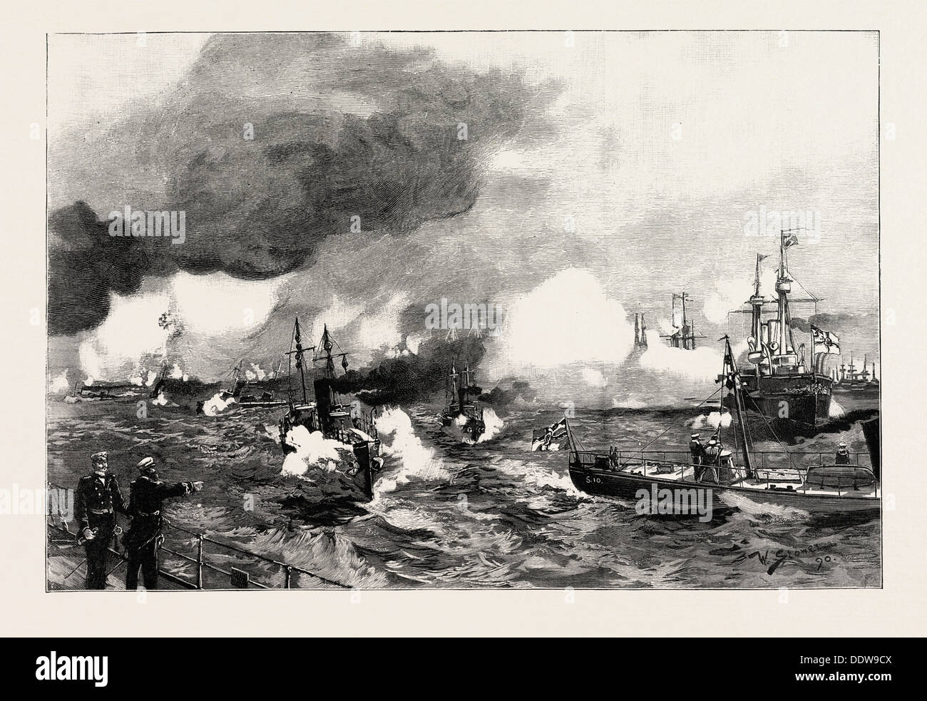 Les MANŒUVRES de l'ALLEMAND EN SCHLESWIG-HOLSTEIN : torpilleurs attaquent un escadron d'arrêt de cuirassés FLENSBURG, 1890 Gravure Banque D'Images
