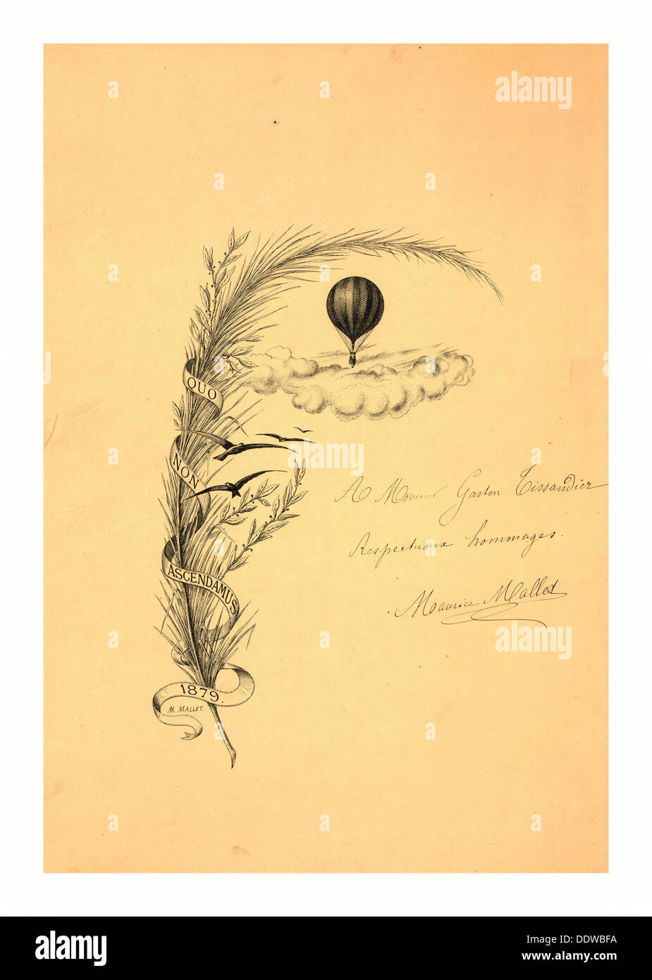 Papeterie illustrée avec une tige de blé enveloppés dans une bannière marqué non quo ascendamus 1879' et un vol en montgolfière Banque D'Images