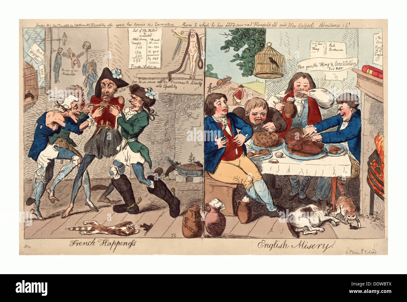 Le bonheur Français English la misère, Cruikshank, Isaac, 1756 ?-1811 ?, gravure 1793, sur la gauche, quatre affamés et en haillons Banque D'Images