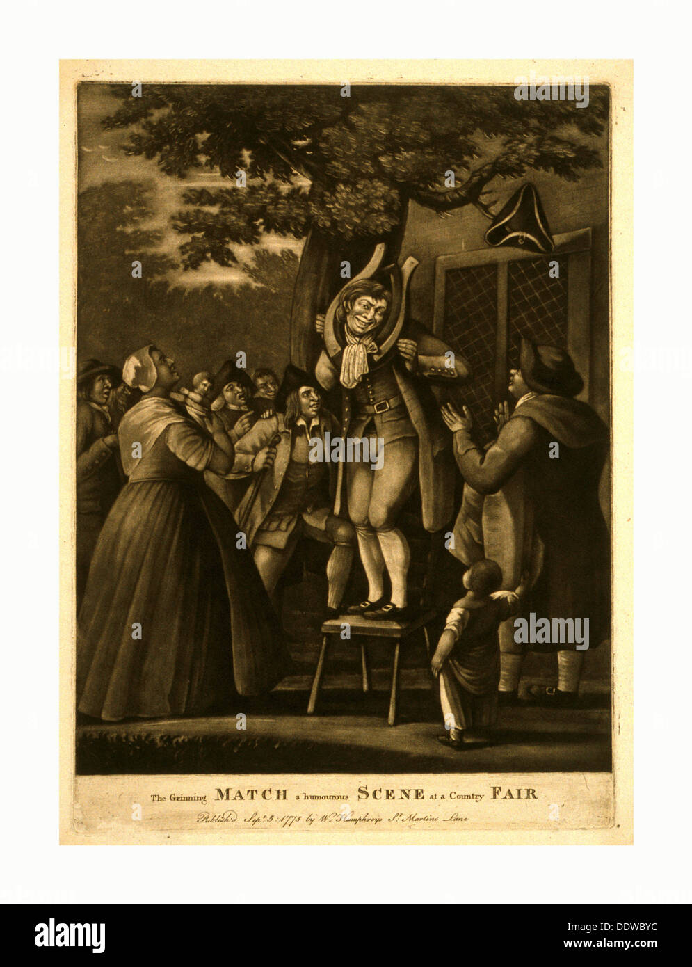 Le match, un sourire à une scène humoristique country fair, 1775, gravure manière noire Banque D'Images