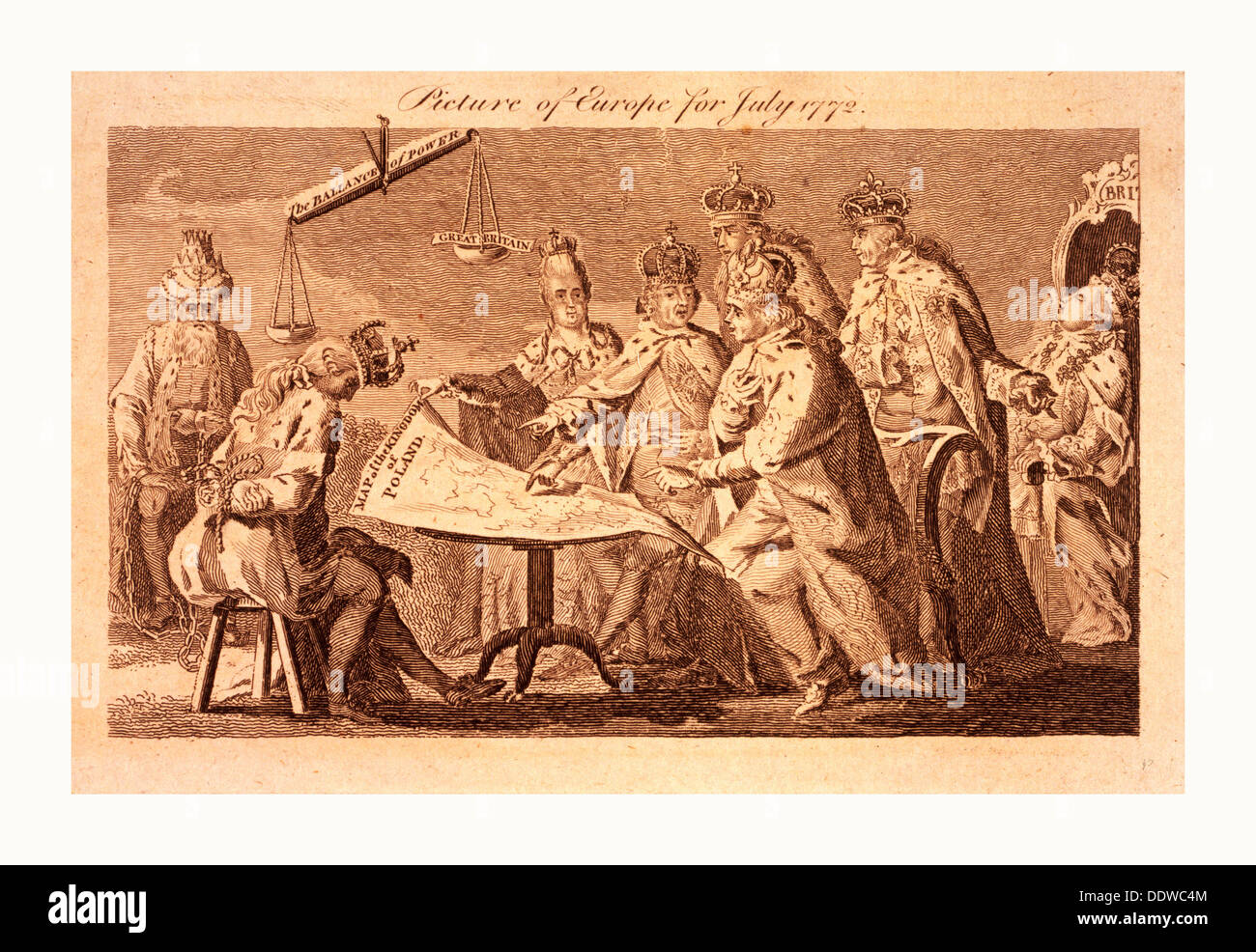Photo de l'Europe pour juillet 1772, Catherine II, Léopold II, et Frederick William II assis à table sur laquelle repose un plan de Banque D'Images