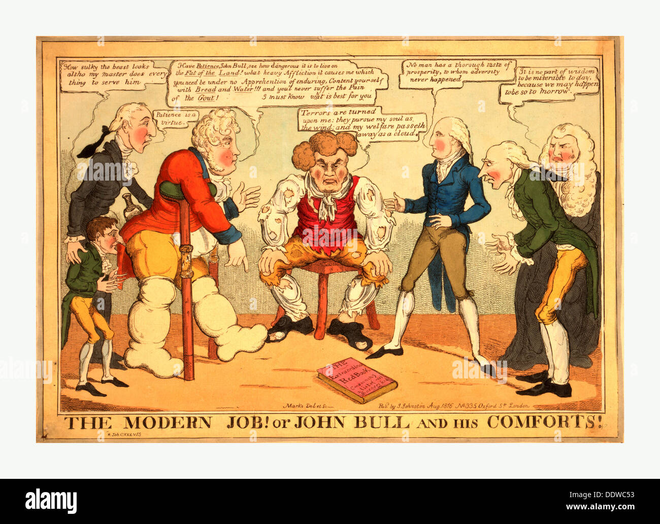 L'emploi moderne ! Ou John Bull et son confort !, gravure 1816, John Bull, dans les vêtements en lambeaux, assis sur un tabouret Banque D'Images