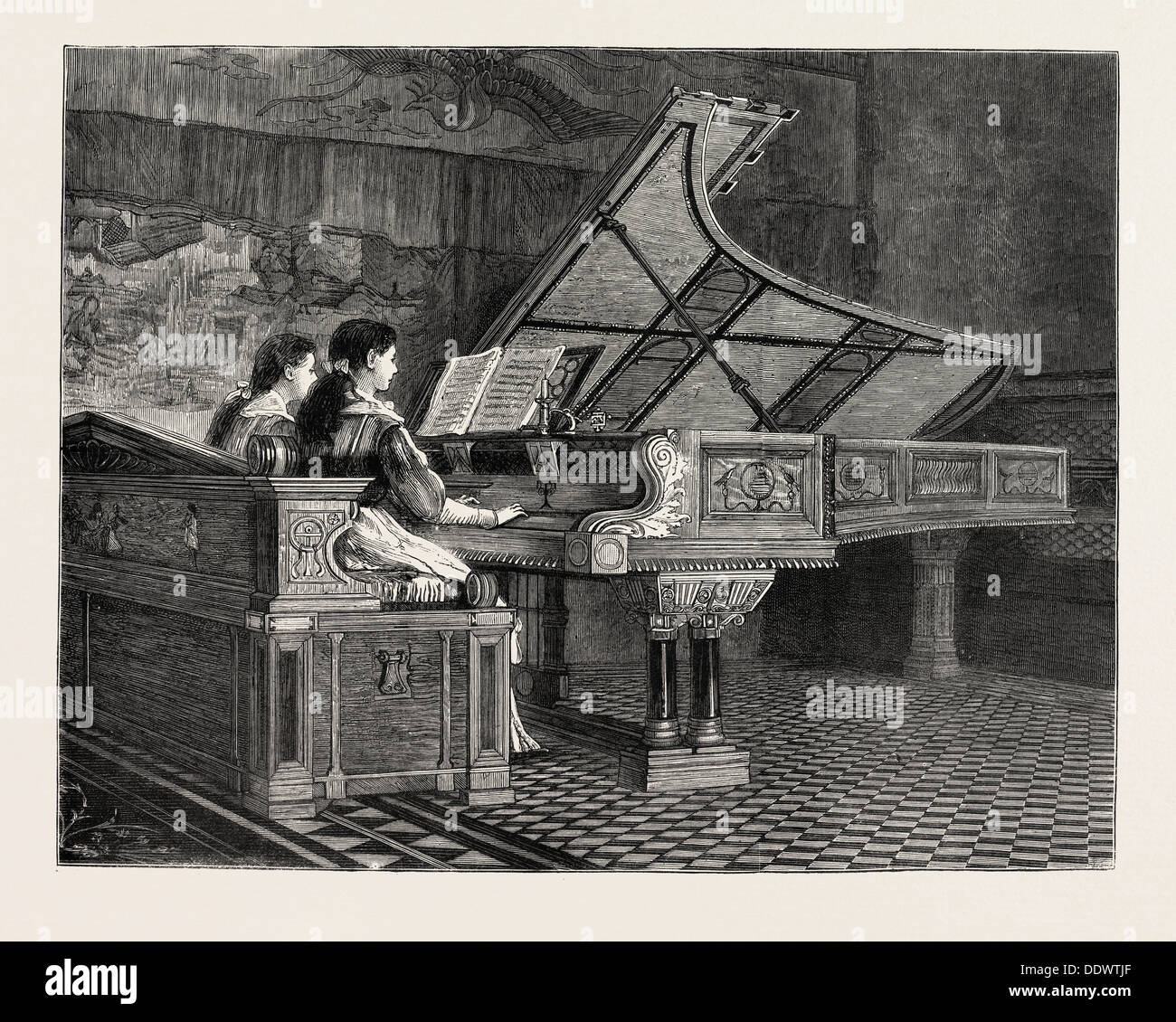 Un artiste, le pianoforte, GRAVURE 1879, piano, musique, lecture Banque D'Images