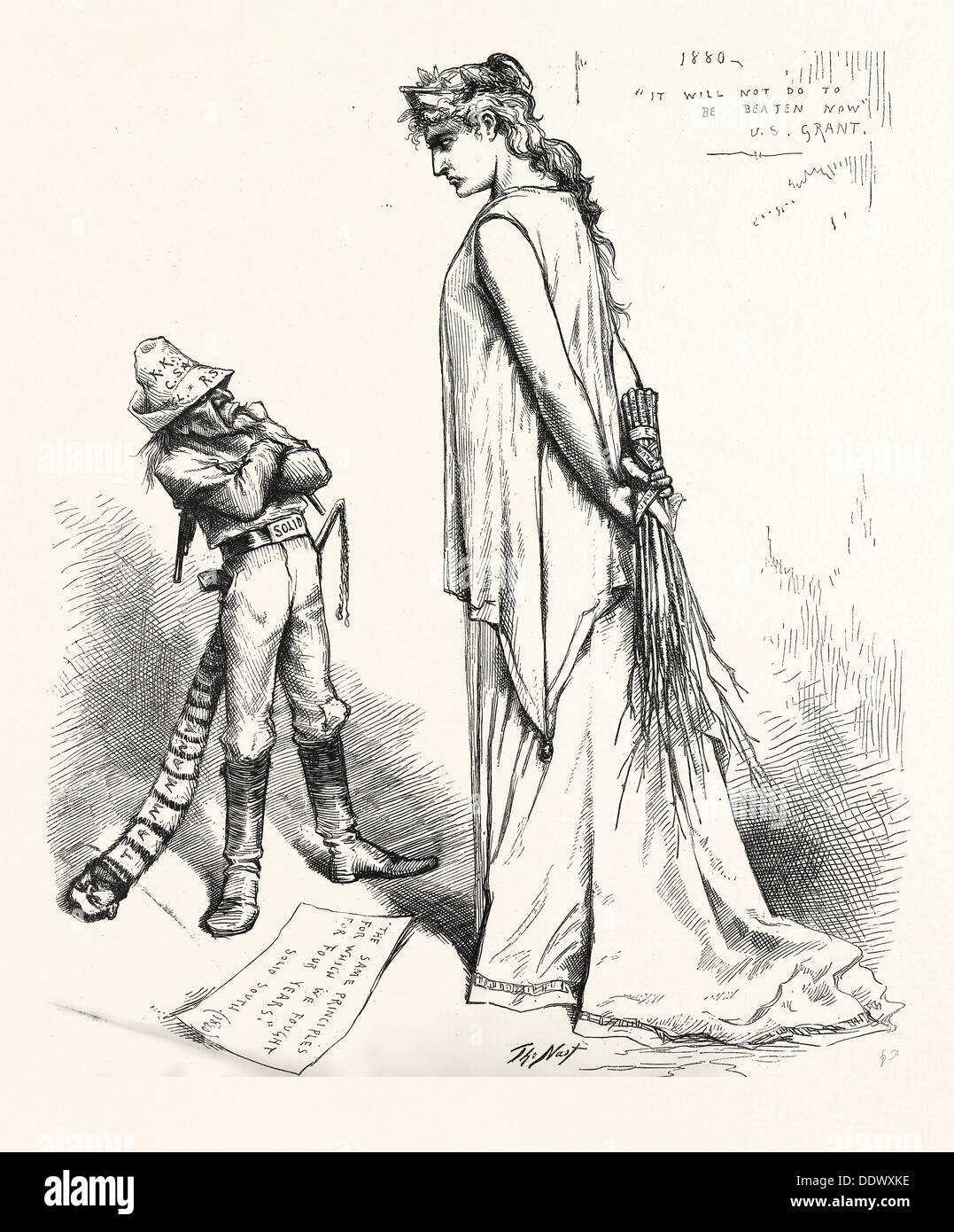 De SOLIDES ET DE DÉFI JAMAIS, gravure 1880, us, USA, femme, homme, soldat Banque D'Images