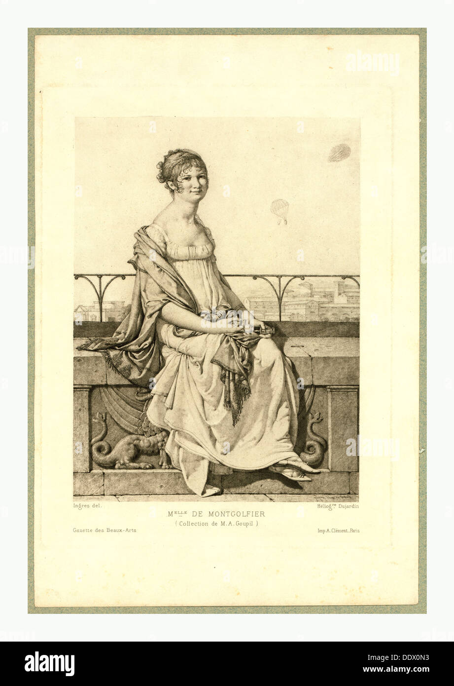 Portrait en pied d'Adélaide Montgolfier, assis sur un mur avec des ballons dans l'arrière-plan Banque D'Images