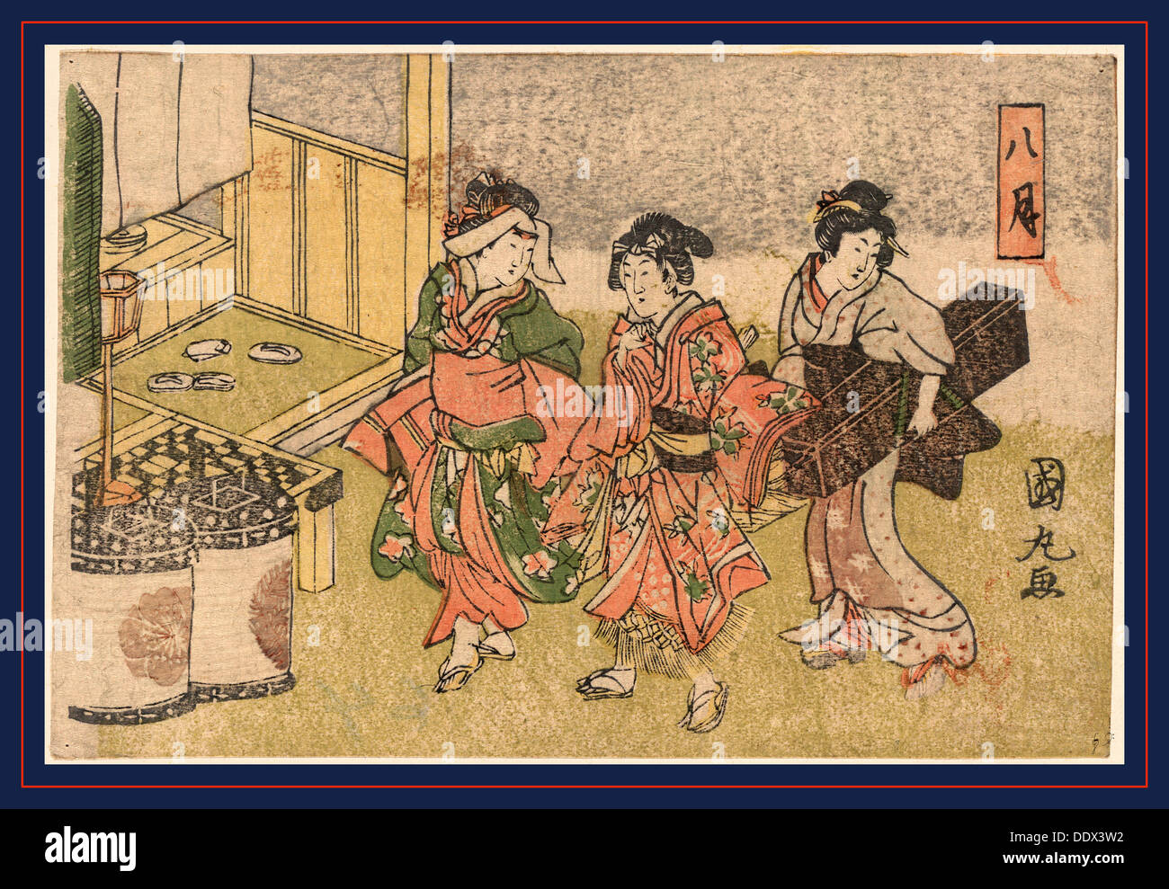 Hazuki, huitième mois. [Entre ca. 1818 et 1830], 1 tirage : gravure sur bois, couleur ; 11,3 x 17 cm., Imprimer affiche trois femmes à un Banque D'Images