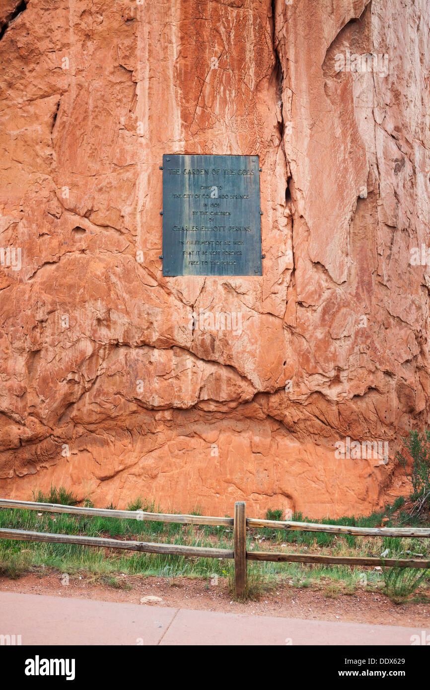 Plaque commémorative au Jardin des Dieux, Colorado Springs, Colorado Banque D'Images