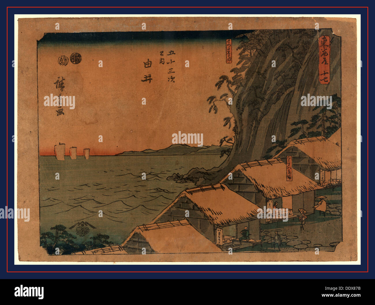 Yui, Ando [entre 1848 et 1854], 1 tirage : gravure sur bois, couleur ; 18,4 x 25,7 cm, impression a des bâtiments au toit de chaume sur la côte Banque D'Images
