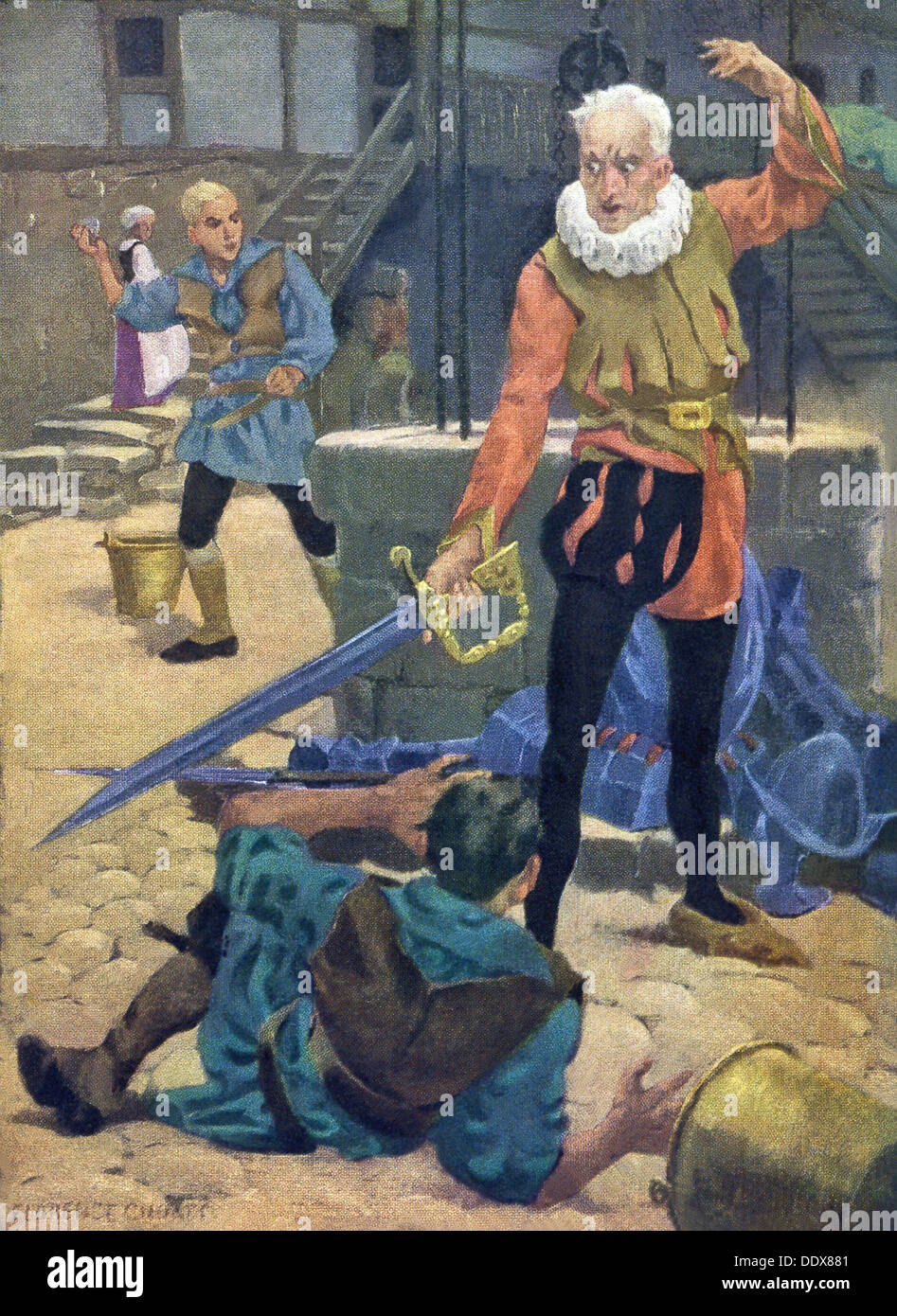 Dans cette peinture de 1920, Don Quichotte est illustré en disant que personne ne devrait tirer de l'eau du puits. Banque D'Images