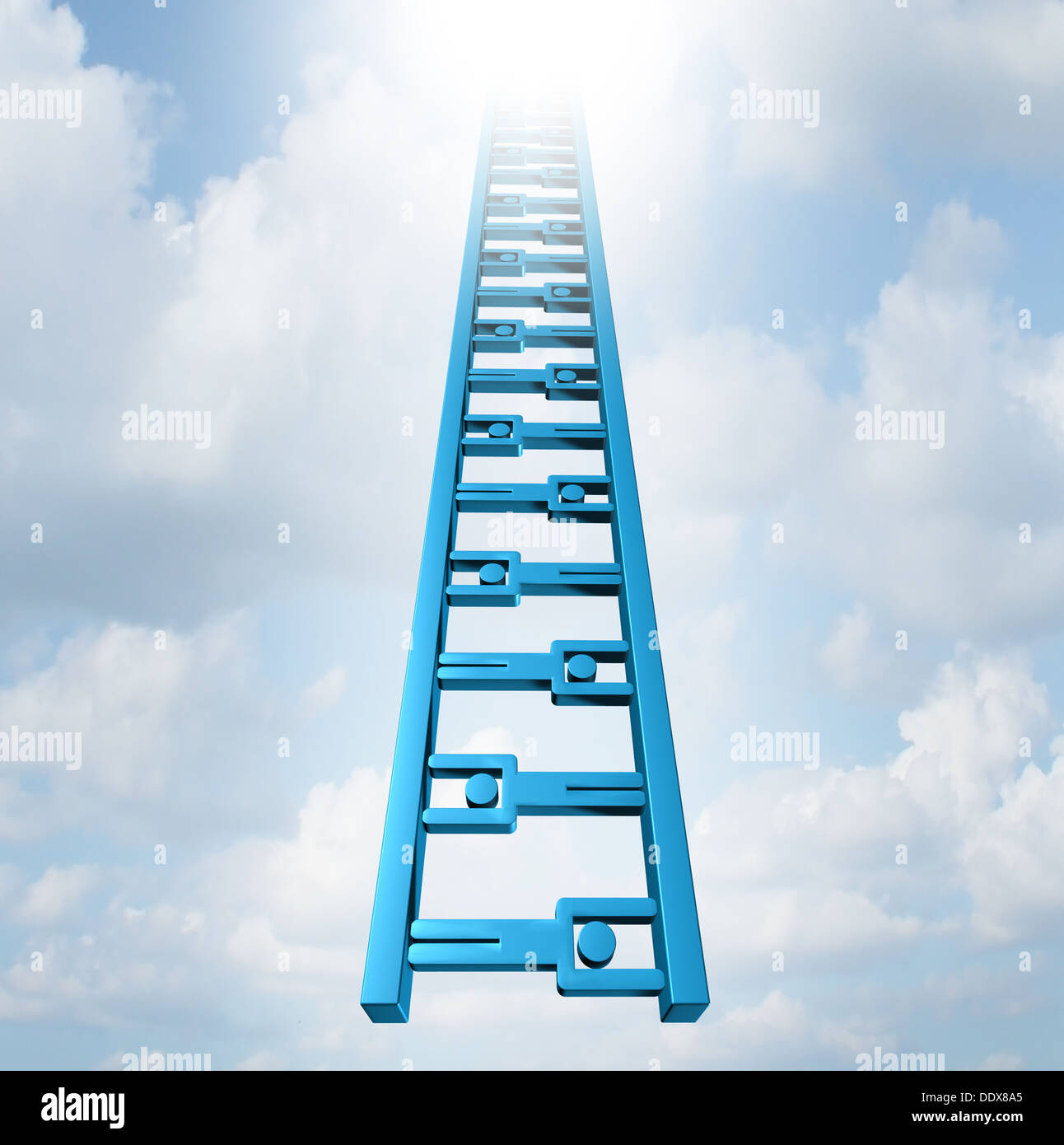 L'échelle de l'équipe d'occasion et du soutien du groupe succès comme un escalier fait de gens d'affaires icônes travaillant ensemble comme recruiment possibilités de se déplacer en hauteur à l'infini comme un concept de réalisation et la planification d'équipe stratégique. Banque D'Images