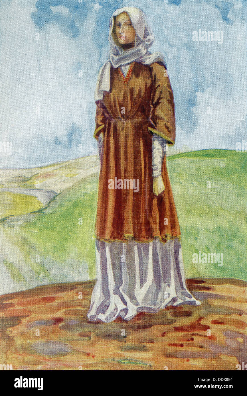 Une femme à l'époque de Guillaume I d'une torsion de laine holding sa robe à la taille, une chemise en dessous. Banque D'Images