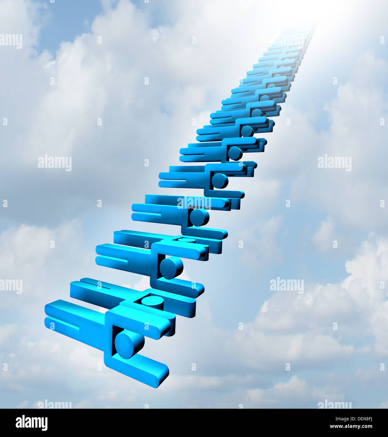 Escalier d'équipe métaphore d'affaires pour la gestion de carrière avec un groupe de personnes travaillant en forme d'icônes comme des pas dans les escaliers dans un concept d'une collaboration et d'organisation avec une équipe partenariat pour le succès d'affaires. Banque D'Images