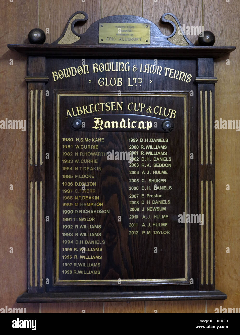 Bowdon Bowling & Lawn Tennis Club Ltd, Albrectsen Cup & club, Altrincham, Cheshire, North West England, UK Banque D'Images