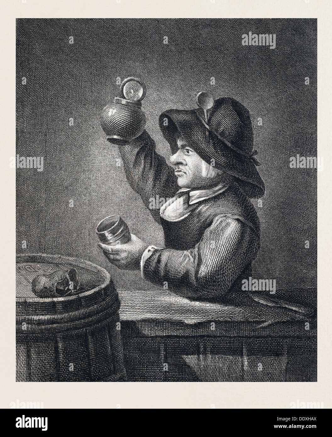 L'alcool, l'homme, glas, jug, baril, 17e siècle, l'Europe, de l'intérieur, de l'âge d'or hollandais, domestiques, illustration, nourriture et boisson Banque D'Images