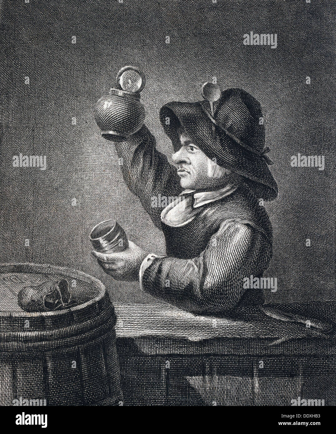 L'alcool, l'homme, glas, jug, baril, 17e siècle, l'Europe, de l'intérieur, de l'âge d'or hollandais, domestiques, illustration, nourriture et boisson Banque D'Images