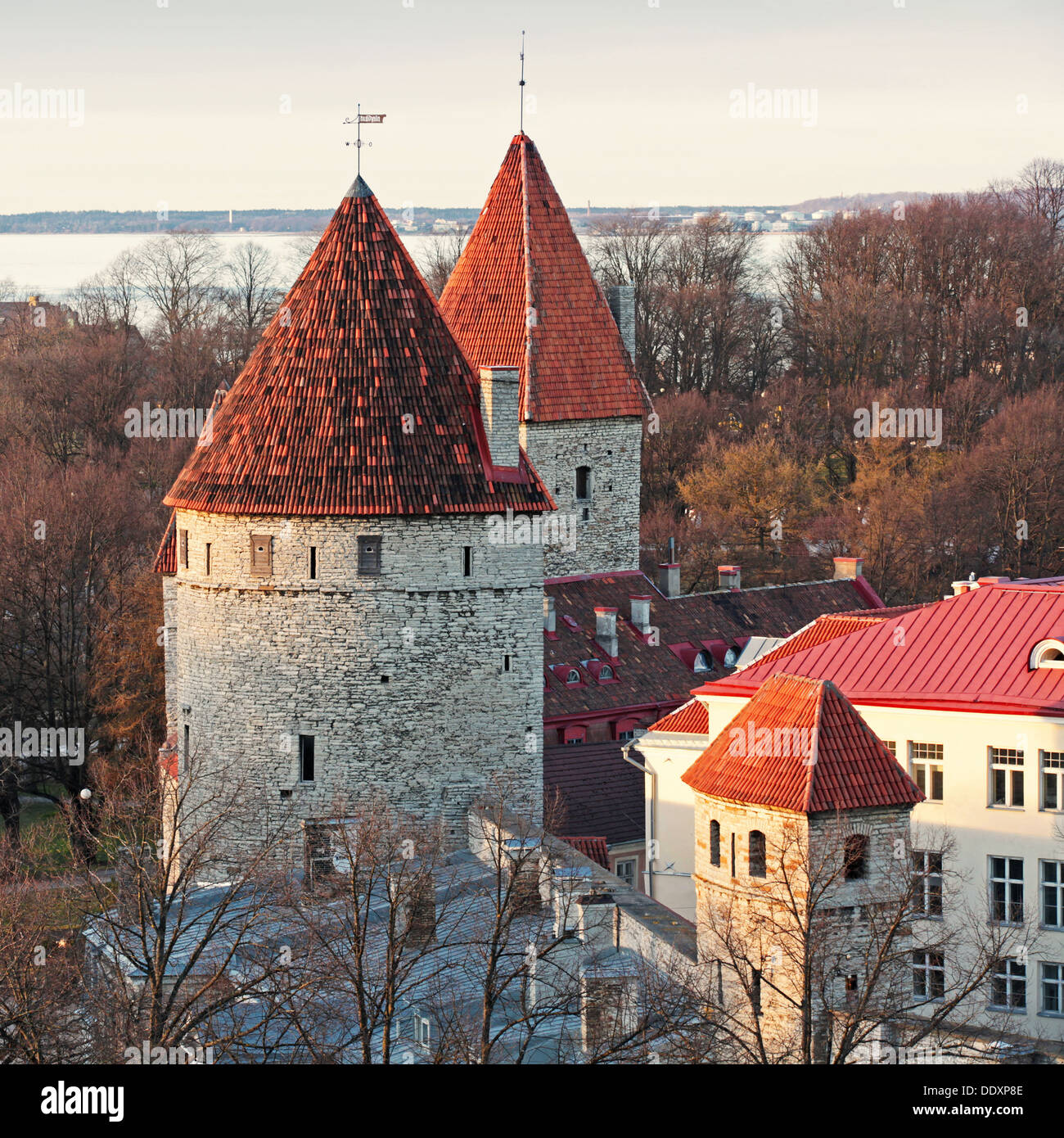 Tours avec toits rouges dans la vieille forteresse de Tallinn, Estonie Banque D'Images