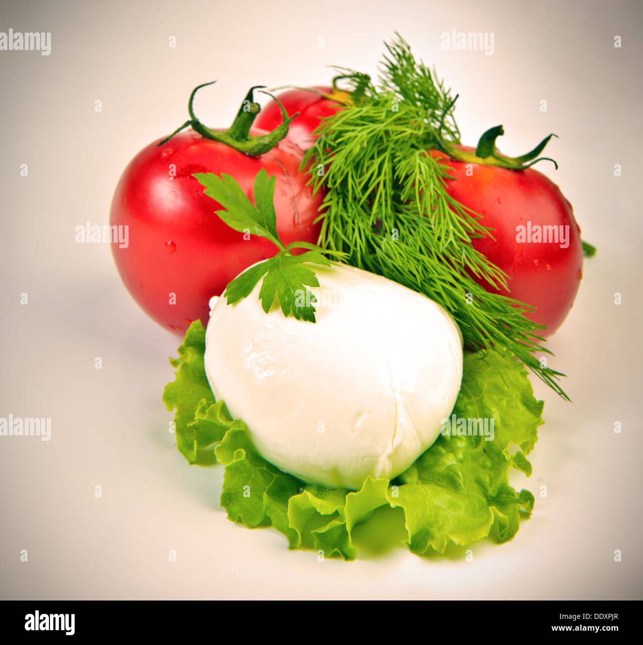 Boule de mozzarella sur feuille de laitue sur vintage background Banque D'Images