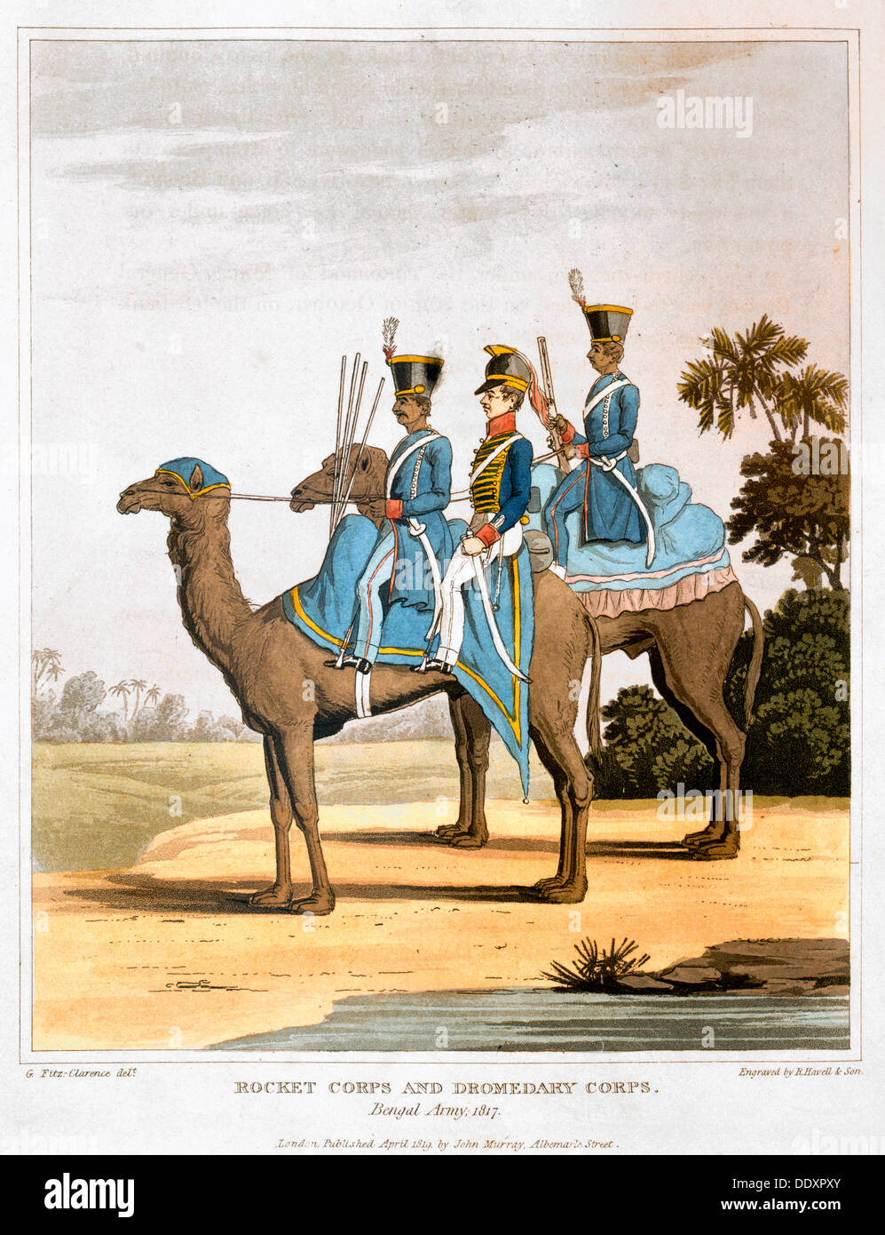 'Corps de fusée et dromadaire, Corps d'armée du Bengale 1817' (1819). Artiste : Havell & Fils Banque D'Images