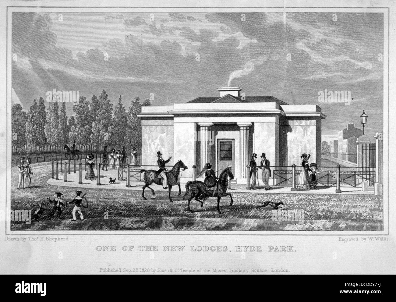 Vue d'un lodge à Hyde Park, Londres, 1828. Artiste : W Wallis Banque D'Images