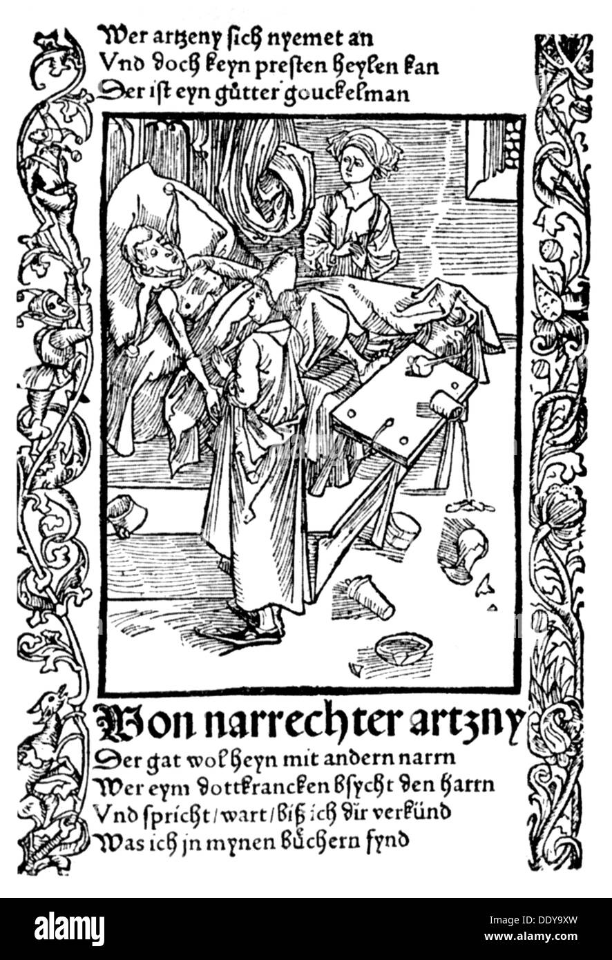 Littérature, le navire des imbéciles par Sebastian Brant (1457 - 1521), sur la médecine stupide, coupe de bois, impression: Johann Bergmann von Olpe, Bâle, 1494, droits additionnels-Clearences-non disponible Banque D'Images