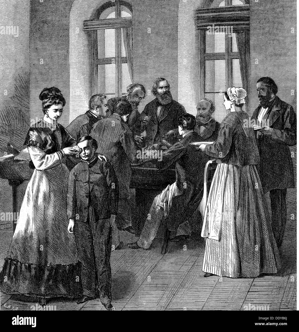 Graefe, Albrecht von, 20.5.1828 - 20.7.1870, médecin allemand / médecin médical, demi-longueur, pendant la chirurgie oculaire, après dessin par E.Koch, gravure en bois, 1869, Banque D'Images Graefe, Albrecht von, 20.5.1828 - 20.7.1870, médecin allemand / médecin médical, demi-longueur, pendant la chirurgie oculaire, après dessin par E.Koch, gravure en bois, 1869, Banque D'Images