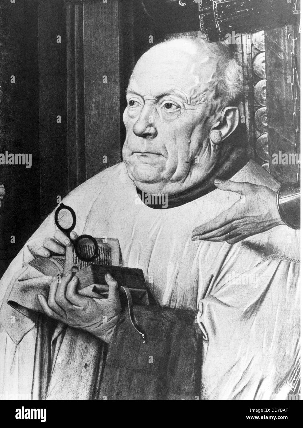 Médecine, ophtalmologie, canon van der Paele avec verres, peinture de Jan van Eyck (vers 1390 - 1441), 'Vierge et enfant avec Canon van der Paele', détail, 1436, Musée communal des Beaux Arts, Bruges, , droits additionnels-Clearences-non disponible Banque D'Images