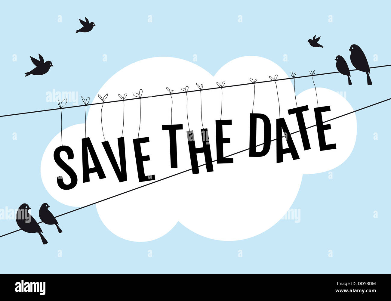 Enregistrer la date, les oiseaux assis sur le fil dans le ciel bleu, illustration d'arrière-plan Banque D'Images