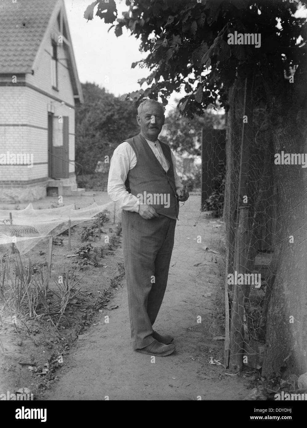 Un homme âgé à réparer le fil de poulet dans son jardin, Flyinge, Suède, 1920. Artiste : Inconnu Banque D'Images