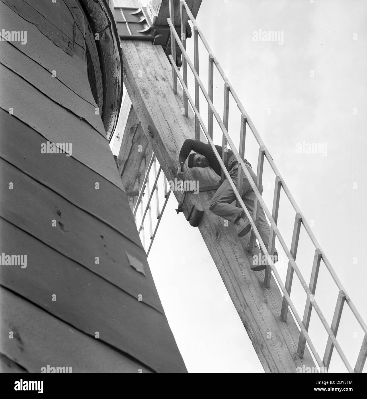 La réparation de l'ailes d'un moulin, Säbyholm, Suède, 1964. Artiste : Inconnu Banque D'Images