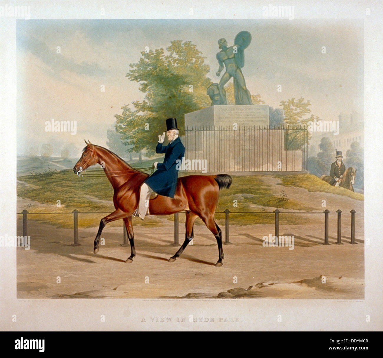 Le duc de Wellington riding au-delà de la statue d'Achille dans Hyde Park, Londres, 1844. Artiste : John Harris Banque D'Images