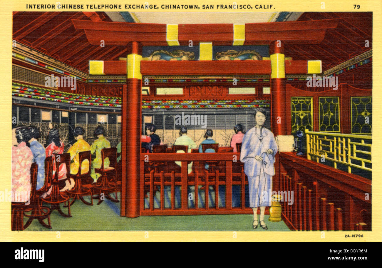 Intérieur de l'échange de téléphone chinois, Chinatown, San Francisco, Californie, USA, 1932. Artiste : Inconnu Banque D'Images