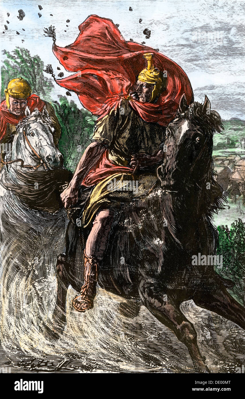 Fuite de Pompée le Grand d'Egypte après sa défaite à Pharsalus par César, 48 BC. À la main, gravure sur bois Banque D'Images