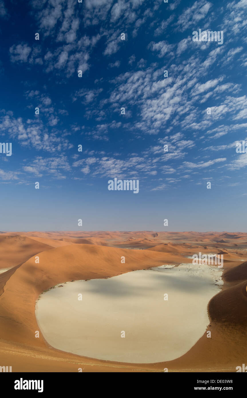 À la recherche du haut de Big Daddy, la plus haute dune de sable de la région, de la région aride de Deadvlei Sossusvlei, pan, Namib-Naukluft National Park, Namibie Banque D'Images