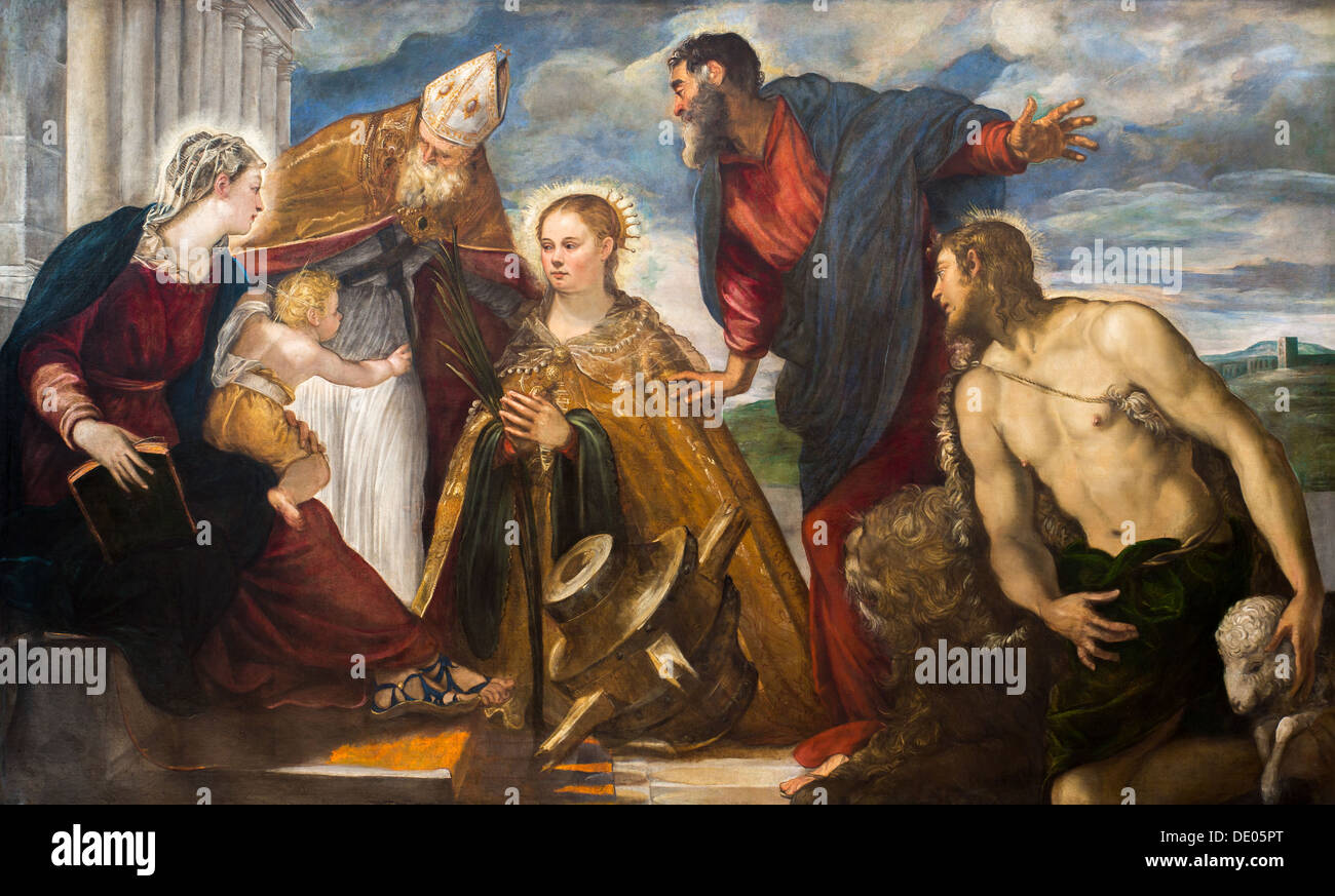 16ème siècle - La Vierge et l'Enfant avec sainte Catherine, saint Augustin, saint Marc et saint Jean Baptiste, 1550 - Tintoretto Banque D'Images
