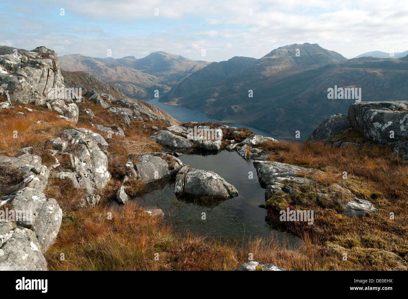 Un Mhaoraich Sgurr' (L) et Sgurr Sgiath Airigh (R) sur le Loch Hourn, de Druim Fada, région des Highlands, Ecosse, Royaume-Uni Banque D'Images