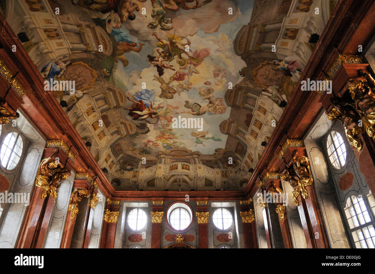 La peinture du plafond dans le hall en marbre, Abbaye de Melk ou Stift Melk, UNESCO World Heritage Site, Basse Autriche, Autriche, Europe Banque D'Images