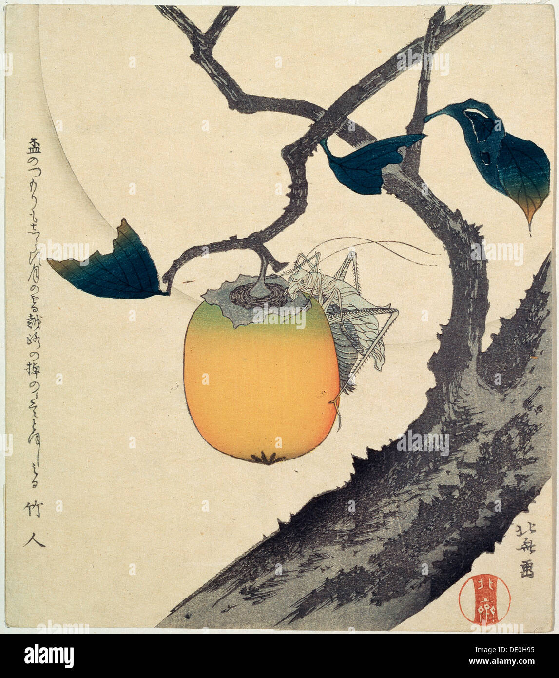 'Moon, kaki et Grasshopper', 1807. Artiste : Hokusai Banque D'Images