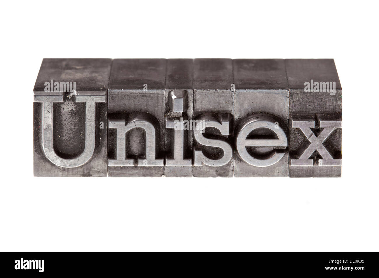 Plomb ancien lettres formant le mot Unisex Banque D'Images