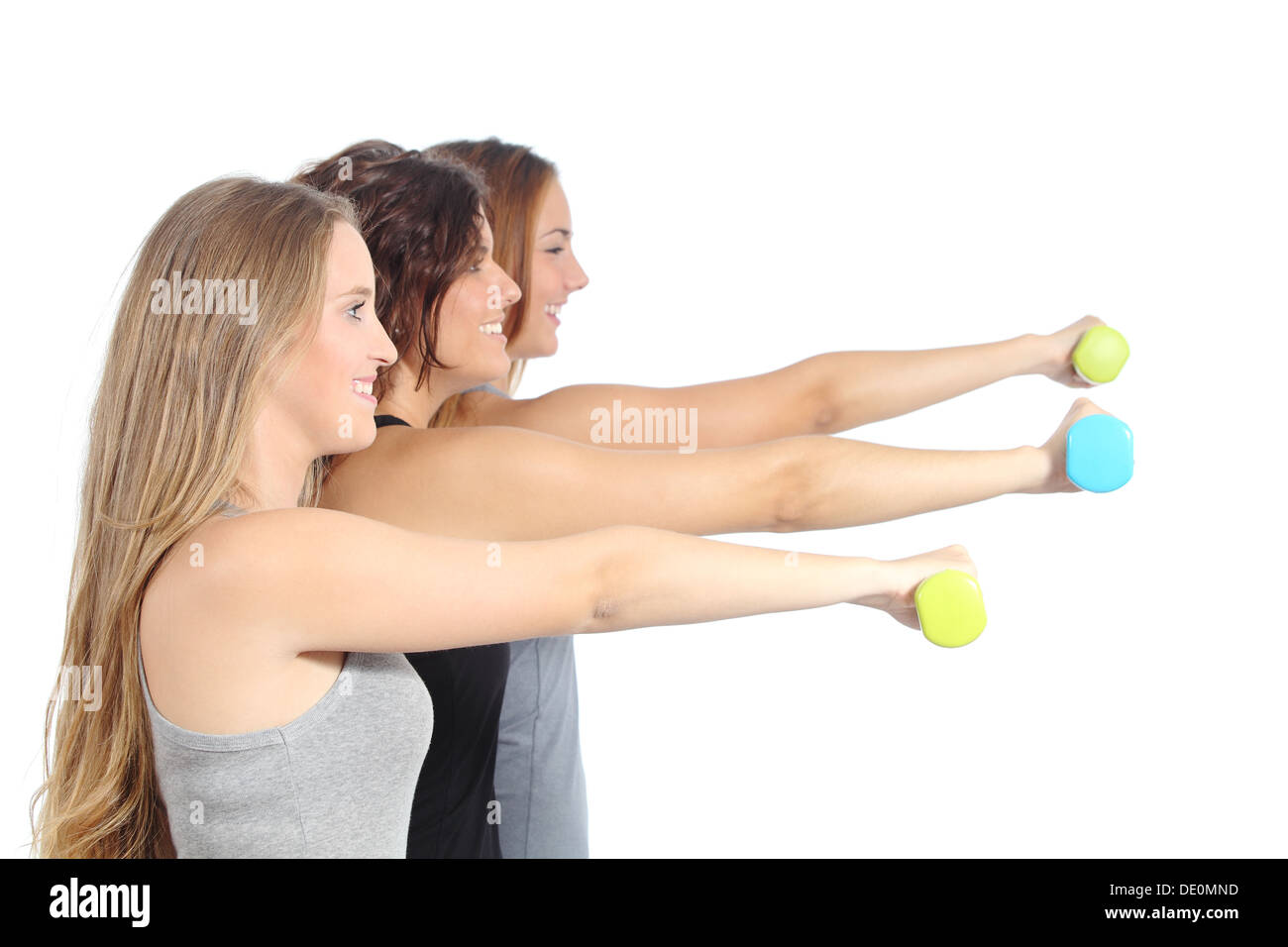 Groupe de femmes fitness avec haltères isolé sur fond blanc Banque D'Images