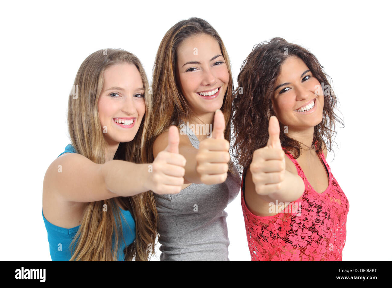 Groupe de trois filles avec thumb up isolé sur fond blanc Banque D'Images