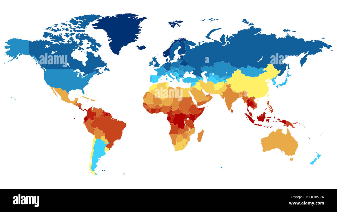 Carte du monde détaillée avec les pays. Colorés en diverses couleurs : du rouge sur l'équateur à Deep blue près de pôles. Banque D'Images