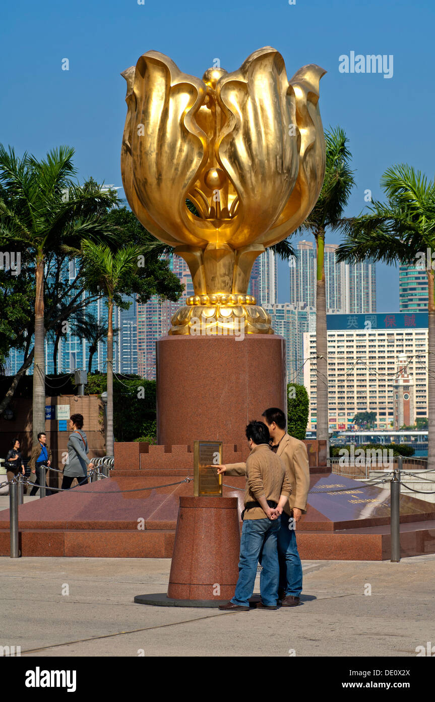 Les visiteurs d'étudier un point d'information conseil à la sculpture Forever Blooming Bauhinia, Hong Kong Banque D'Images