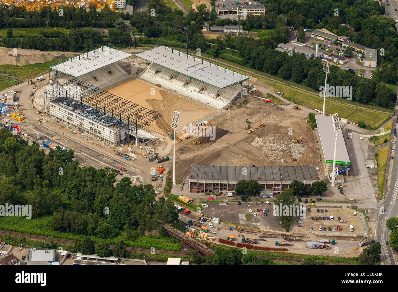 Vue aérienne, Georg Melches Stadium en construction, Essen, Ruhr, Rhénanie du Nord-Westphalie Banque D'Images