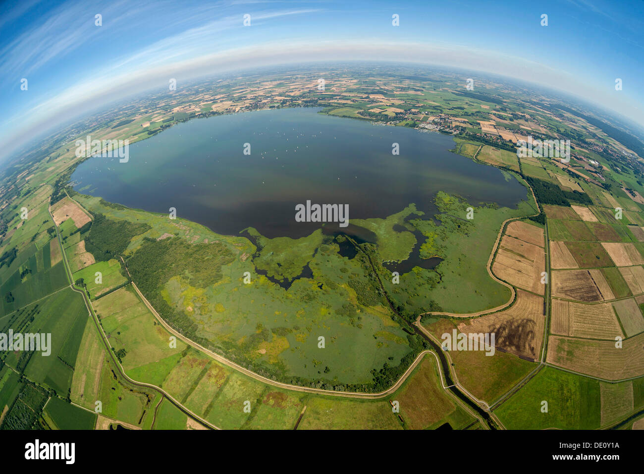 Vue aérienne, plan, fisheye et Duemmersee Duemmer River lake, Nord de l'Allemagne du Nord, Plaine plaine ou Hunte, Handorf Banque D'Images
