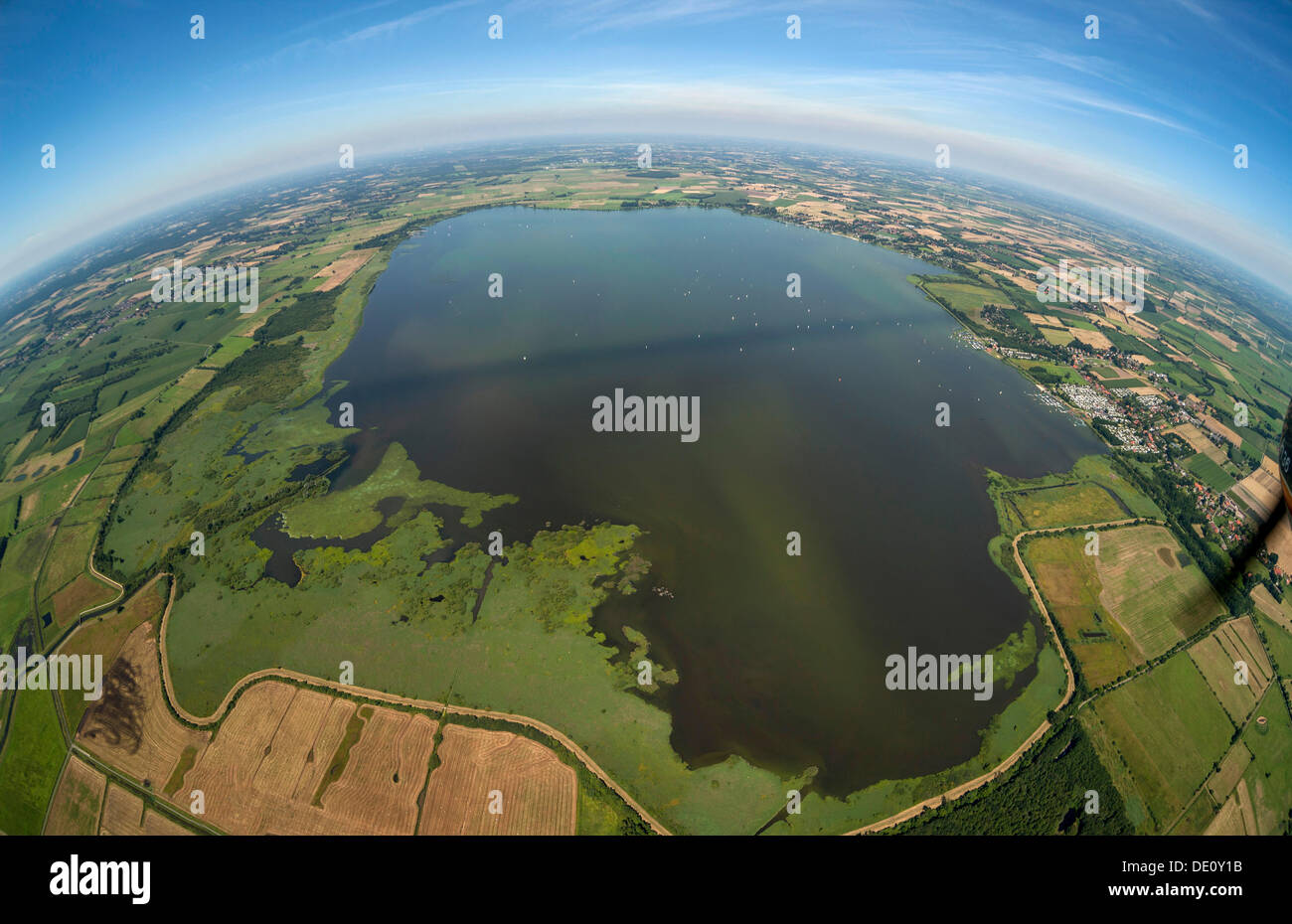 Vue aérienne, plan, fisheye et Duemmersee Duemmer River lake, Nord de l'Allemagne du Nord, Plaine plaine ou Hunte, Handorf Banque D'Images