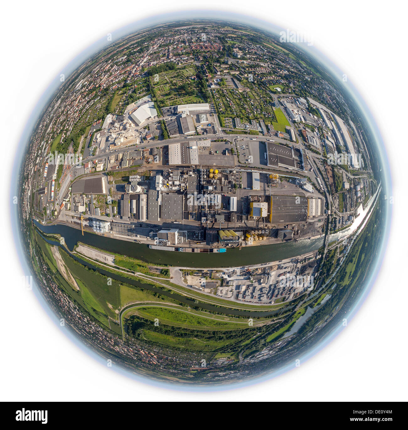 Vue aérienne, Broekelmann fisheye shot, moulin à huile, Hamm, Canal Datteln-Hamm, ville port Hamm, Ruhr, Rhénanie du Nord-Westphalie Banque D'Images