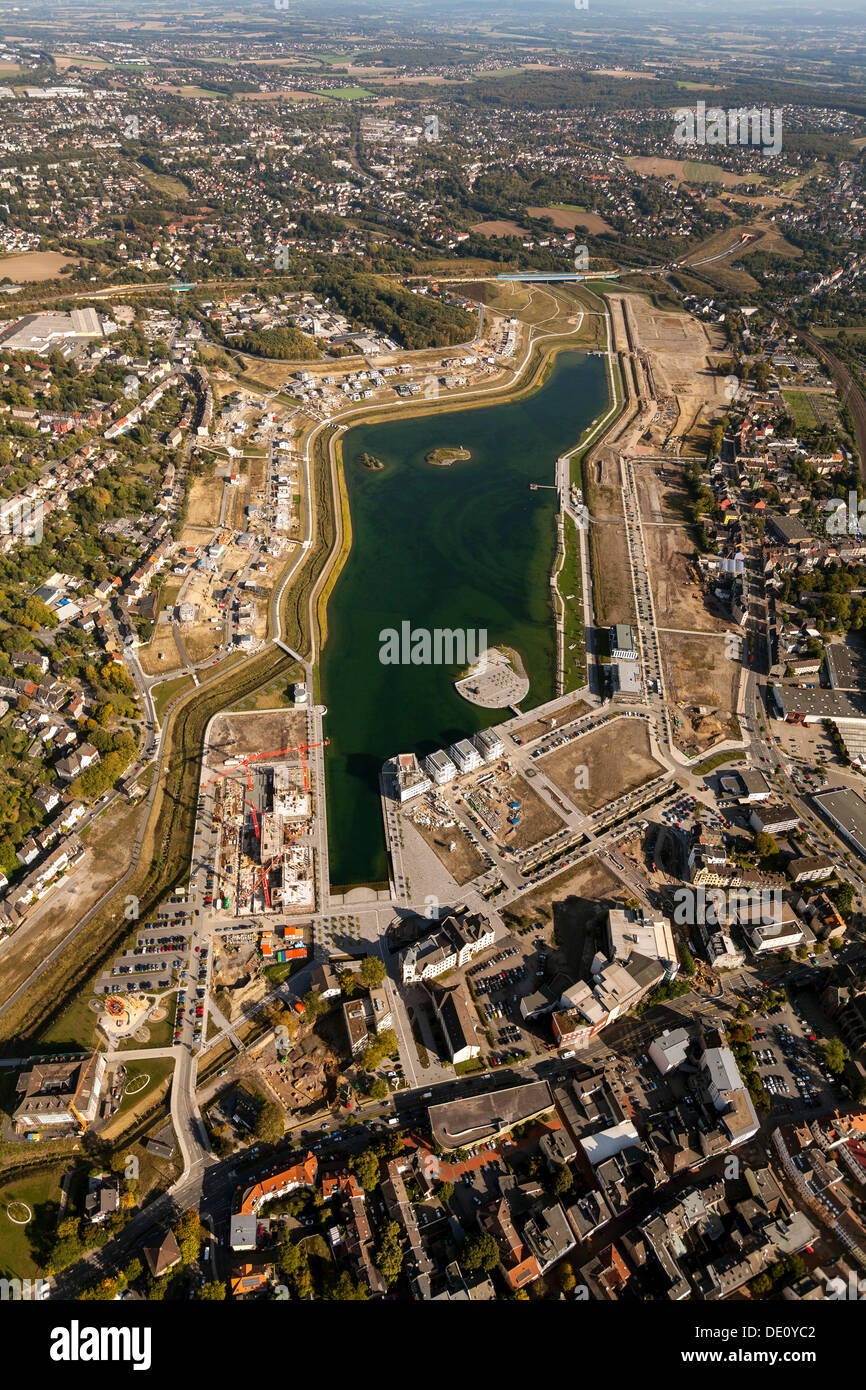 Vue aérienne de la rivière Emscher, Lac, PhoenixSee, Dortmund, Ruhr, Rhénanie du Nord-Westphalie Banque D'Images